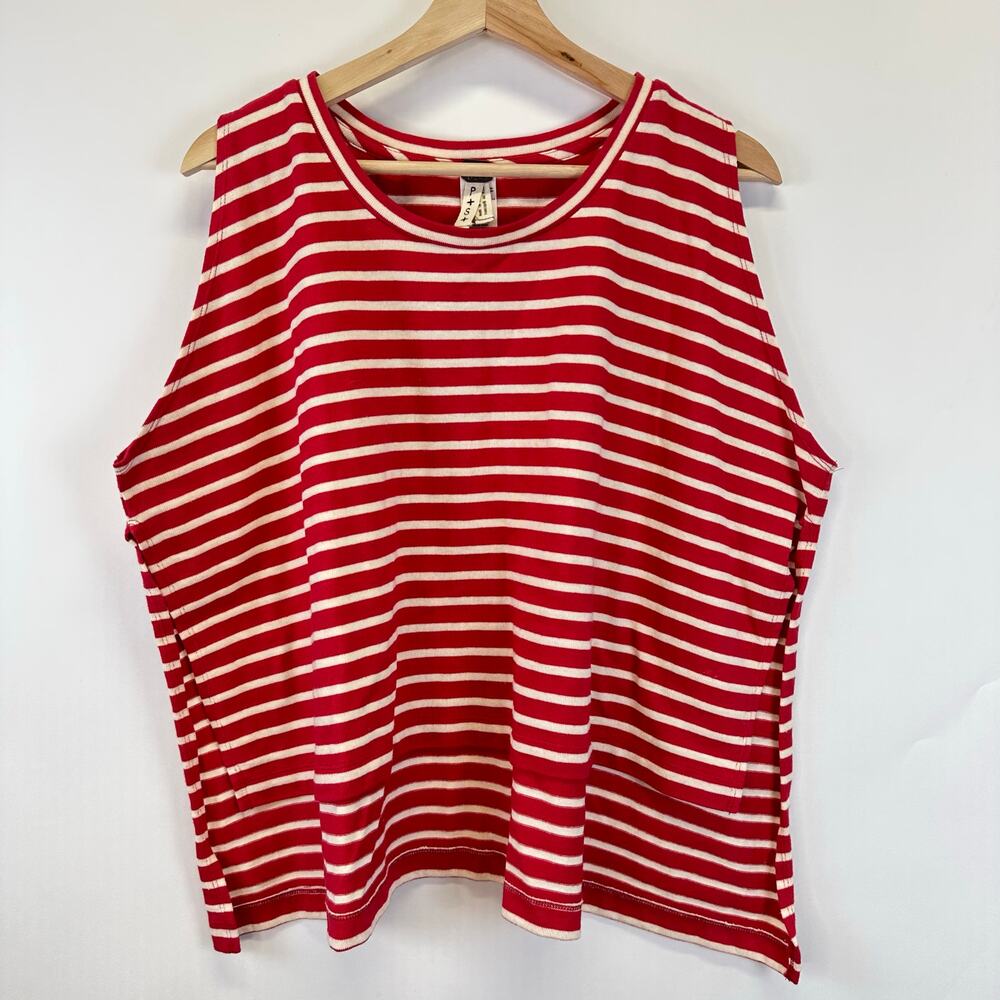 We The Free Red and White Stripe Boxy High Low Muscle Tank Womens Size Small
